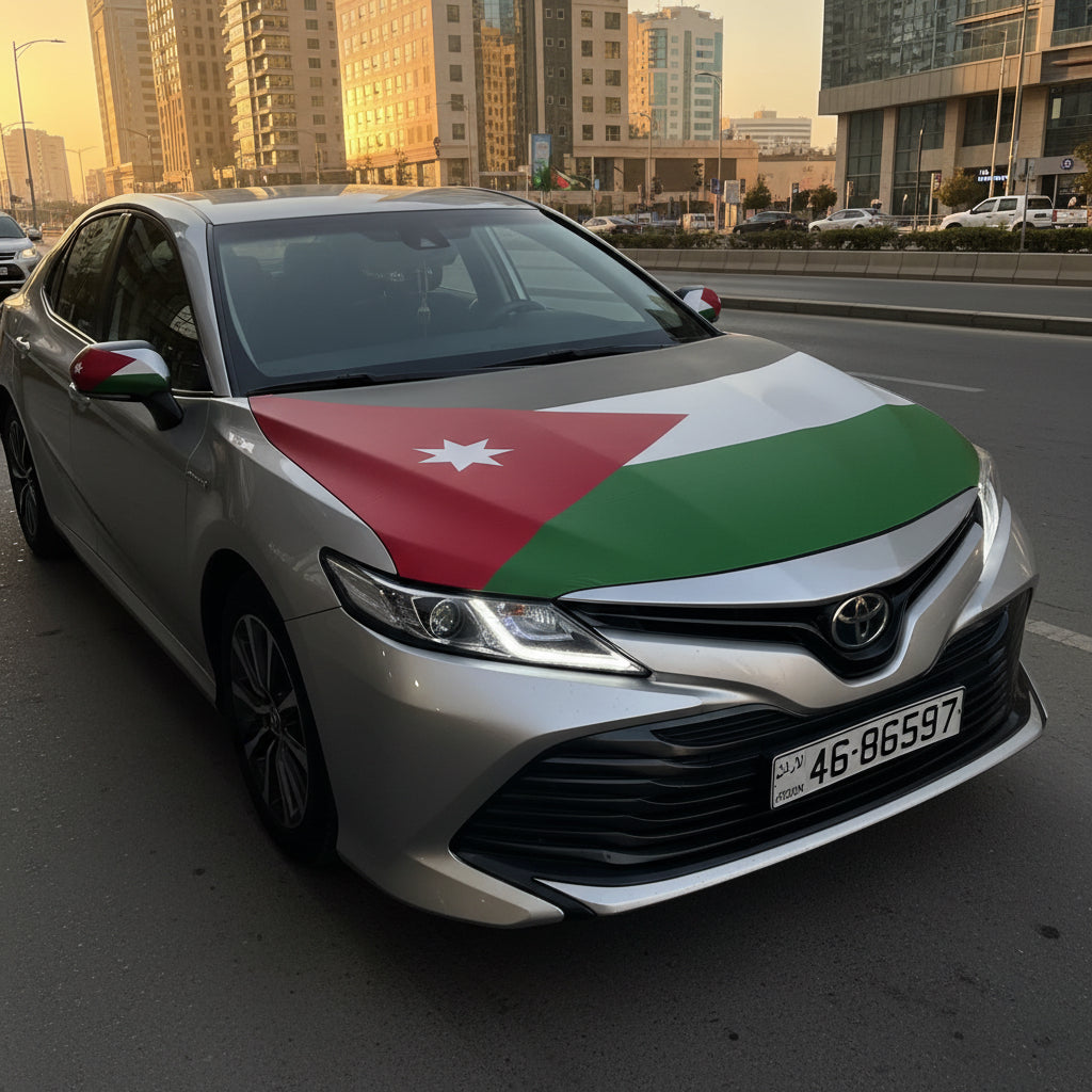 غطاء علم الأردن لمقدمة السيارة | الإصدار الفاخر (قماش وليكرا)